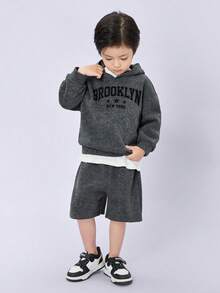 2 件儿童男童休闲字母图案连帽运动衫和运动裤运动服套装，适合学校、花园、海滩、生日、春季、夏季、秋季、冬季 - 深灰色 - 查看 4