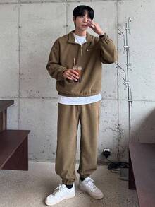 DAZY Men's Autumn Half-Zip Textured Fabric Pullover Sweatshirt & Pants Set - Khaki - View 9