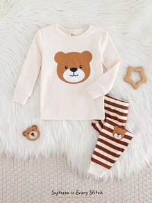 Cozy Pixies 男婴卡通熊印花针织柔软圆领长袖上衣和松紧腰长裤两件套舒适睡衣套装