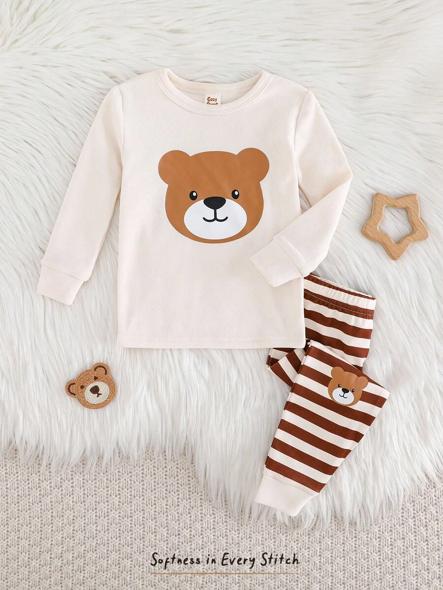 Cozy Pixies 男婴卡通熊印花针织柔软圆领长袖上衣和松紧腰长裤两件套舒适睡衣套装