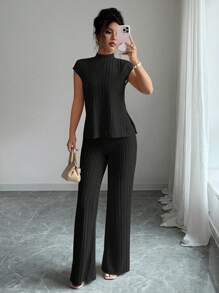 Elenzga 2pcs Casual Solid Color Ribbed Side Slit Top And Pants Set - Black - View 3