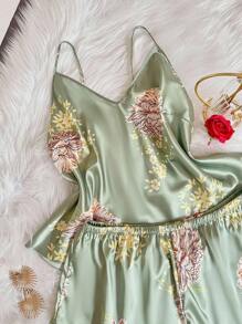 SHEIN 2pc Sexy V-Neck Camisole And Shorts Set, Elegant Floral Print Satin Plus Size Pajamas Satin Pajama Set Satin Sleepwear Set Pajama Sets For Women Satin Silk Sleepwear Floral Satin Pajama Set Women Satin Pajamas Floral Satin Pajamas - Green - View 3
