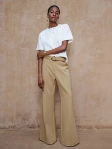 Lumalex VITNOS 秋冬新款高端优雅女装优雅卡其色舒适百搭金属装饰腰带设计宽松喇叭腿裤，配有腰带秋季商务休闲女士适合音乐会、约会、婚礼、派对、生日、夜间外出