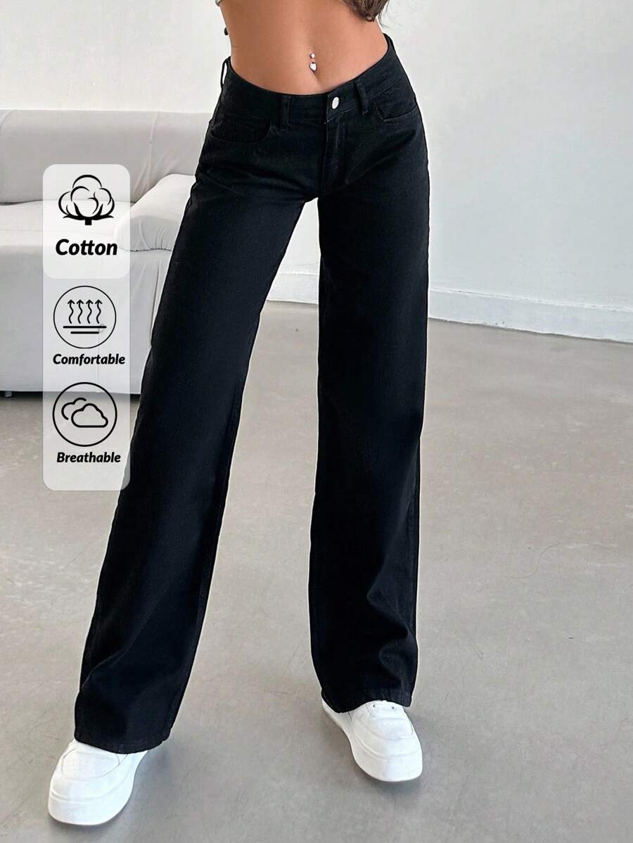 SHEIN Tall 100%Cotton LOW AIST BLACK STAIGHT CUT LONG HEM JEAN - Black - View 1