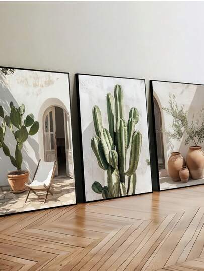 3 套无框中性波西米亚风仙人掌橄榄树墙艺术海报帆布印刷简约地中海风景画适用于公寓、客厅、卧室、现代家居装饰