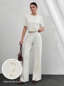 CLARA VERO Women Button Front Mini Buttoned Knit Cardigan Top And Sweater Pant 2pcs Set Co-Ords Cream Two Piece Set Fall Women Clothes Modest Old Money,Petite - Cream - View 9
