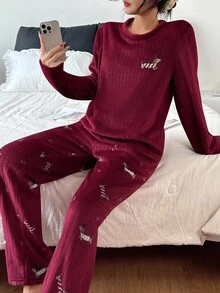 SHEIN 女士卡通小狗图案法兰绒长袖上衣和裤子蓬松睡衣套装，酒红色蓬松睡衣家居服套装，秋冬服装，舒适保暖 - 紅色 - 查看 6