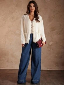 Rafferiza French Elegant Gold Button V-Neck Long Sleeve Cardigan And Vest Set,Cream White 2 Pieces Knit Sweater Jacket For Women,Autumn Casual Brunch Outfits - Apricot - View 5