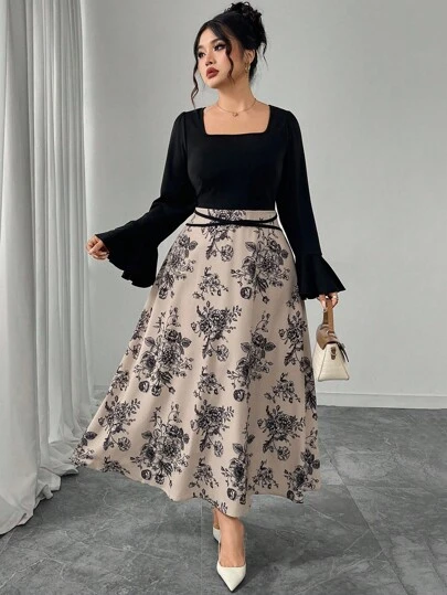 Modelyn Random Floral Print Patchwork Black Ruffle Sleeve Romantic Elegant Minimalist Fashion Maxi Dress For Plus Size Women Fall Cloth For Women