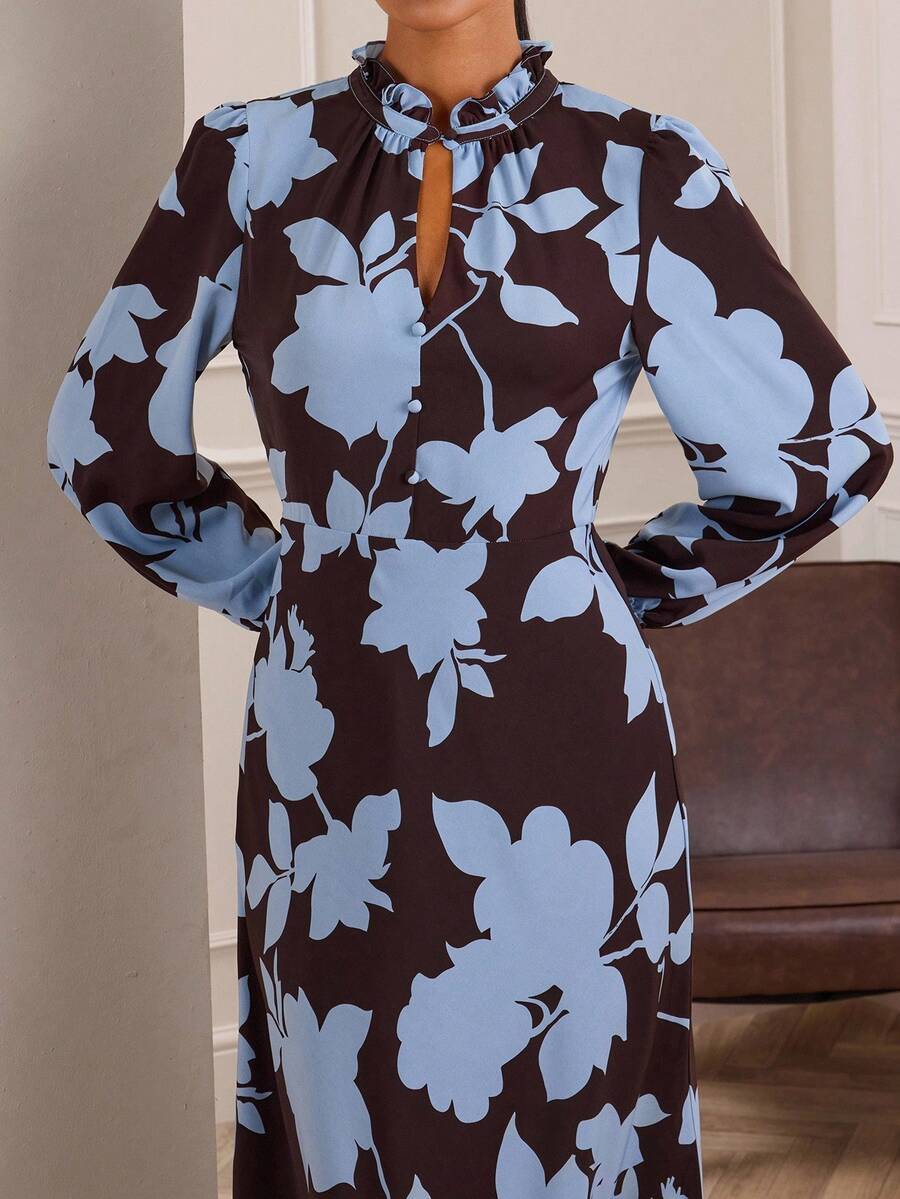 Lilora Women's Elegant Floral Print Long Dress, Suitable For Commuting Autumn Clothes For Women Elegant And Dignified Officework,Events,Daily,Vacation Officework,Events,Daily,Vacation Tea Party Floral Brown - Multicolor - View 1