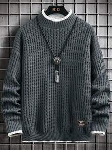 SHEIN 青少年男孩对比纹理提花针织毛衣，适合冬季、旅行和学校青少年男孩毛衣灰色毛衣男孩针织毛衣男士灰色毛衣儿童开学第一天儿童场所男孩我的开学第一天校园风格麻花针织毛衣纹理毛衣男孩儿童男孩青少年男孩开学第一天青少年男孩妈妈和我为孩子们 - 灰色 - 查看 7