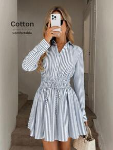 Easowa 领扣半开腰褶裥抽绳蝴蝶结A字长袖衬衫裙，休闲宽松通勤复古风女装