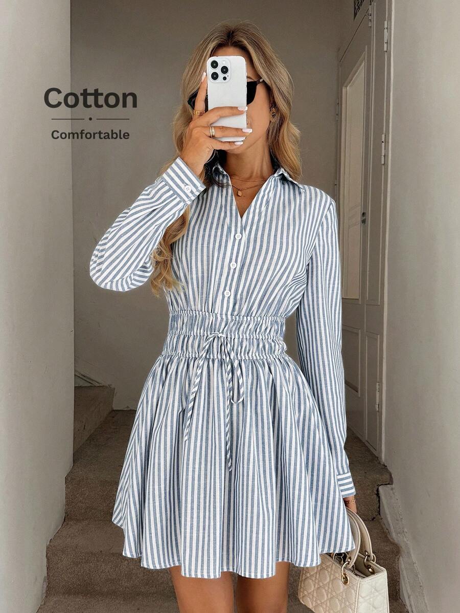 Easowa 领扣半开腰褶裥抽绳蝴蝶结A字长袖衬衫裙，休闲宽松通勤复古风女装