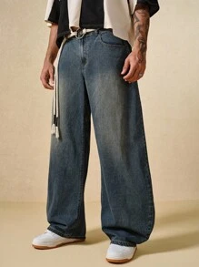 ROMWE MEN Street Life Quần jean ống rộng cài nút đa năng thời trang thường ngày dành cho nam - Đồng - Xem 4