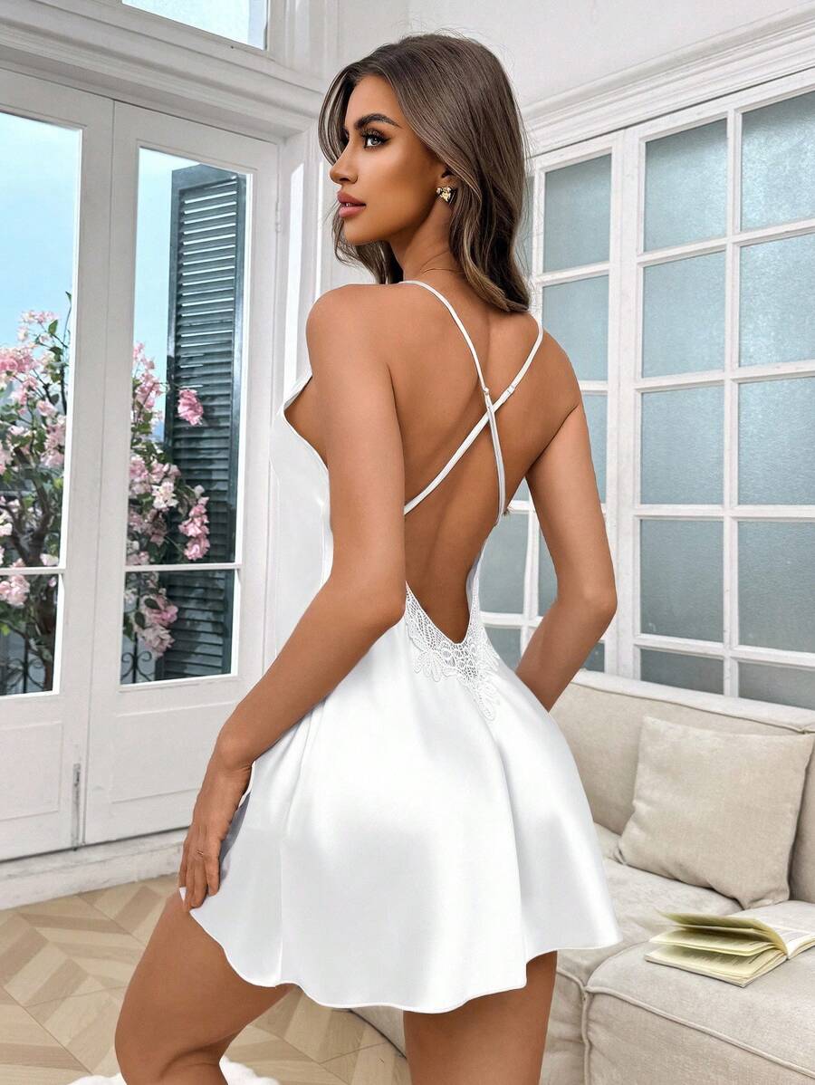 Crystal Vow Lace Trim Faux Silk Sexy Backless Criss-Cross Camisole Nightgown - White - View 1