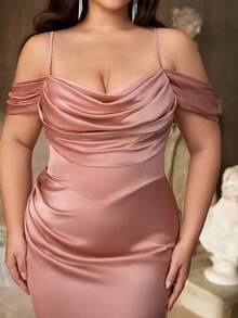 Aureia 加大码夏季优雅浪漫莲花粉色细肩带荷叶边领口修身鱼尾下摆连衣裙，适合晚会、约会、舞会、毕业典礼、音乐节、婚礼、伴娘 - 藕粉色 - 查看 5