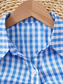 قميص كارديجان أنيق بياقة عالية وأكمام قصيرة مخطط باللون الأزرق للبنات