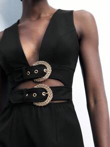 Maija 女士纯色镂空腰部索环扣无袖时尚迷你连衣裙，复古风格适合圣帕特里克节、春假、复活节 - 黑色 - 查看 7