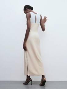 Maija Women's Casual Khaki Midi Dress: Sleeveless Scoop Neck Knitted Semi-Sheer Dress With Zipper Detail - Khaki - View 3