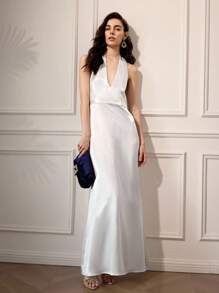 Briarwyn Vestido elegante de unicolor sin espalda con cuello halter, ropa de otoño, estilo de mujer de dinero antiguo, atuendo de fiesta todo blanco para mujer, atuendo de cita nocturna para mujer, atuendo de vacaciones para mujer, vestido de invitada de boda para mujer, vestidos de fiesta para mujer. - Blanco - Ver 8