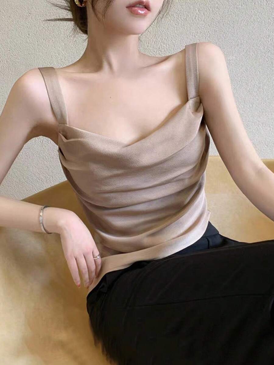 SHEIN LUNE Women Solid Color Pleated Slim Fit Camisole For Summer - Dusty Pink - View 1