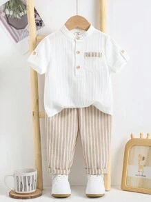 SHEIN 2 件套男婴休闲学院风灰色中式立领衬衫和条纹松紧腰裤套装，适合生日派对、晚会、表演、婚礼、迎婴派对、1 岁生日庆祝