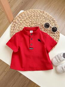 Baby Boy Casual Cute Versatile Red Collar Short Sleeve Top, Suitable For Birthday Party, Evening Party, Performance, Wedding, Baby Shower, One Month Celebration, One Year Old Celebration