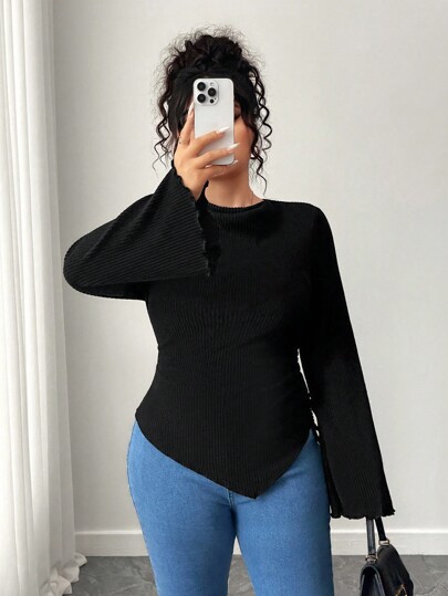 Elenzga Camiseta de mujer de talla grande con manga acampanada, volantes y cordón lateral, unicolor, moda otoñal para mujeres