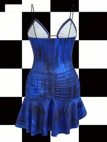 Y2Kool ORANGE STUDIO Váy ngắn ren nhuộm xanh gợi cảm chắp vá dành cho nữ, thích hợp cho mùa hè, mùa thu, kỳ nghỉ, tiệc tùng, mặc hàng ngày Váy cocktail xanh Váy dự tiệc xanh Váy câu lạc bộ đêm Váy ngắn xanh thường ngày - Xanh đậm - Xem 2