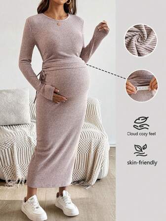 SHEIN Autumn And Winter 2pcs/Set Pregnant Women Solid Ribbed Knit Long Sleeve Top And Skirt