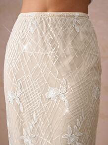 Lumalex 秋冬聚会宴会低调奢华闪亮节日派对狂欢节郊游度假热门户外丰富层次婚礼季宴会成人礼亮片花卉刺绣弹力紧身美人鱼长裙女装奢华舞会圣诞节新年 - 白色 - 查看 5