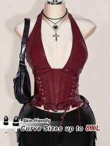 SHEIN CURVE+ 大码女式勃艮第酒红色简约 PU 皮革吊带装饰系带背心，Y2K 休闲勃艮第酒红色 V 领上衣，万圣节/秋冬假日 - 酒紅色 - 查看 1