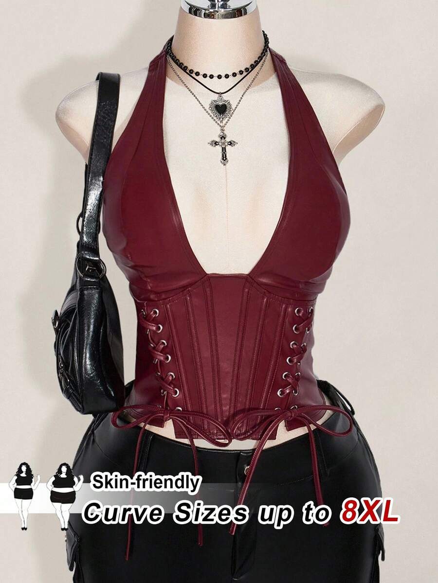 SHEIN CURVE+ 大码女式勃艮第酒红色简约 PU 皮革吊带装饰系带背心，Y2K 休闲勃艮第酒红色 V 领上衣，万圣节/秋冬假日 - 酒紅色 - 查看 1