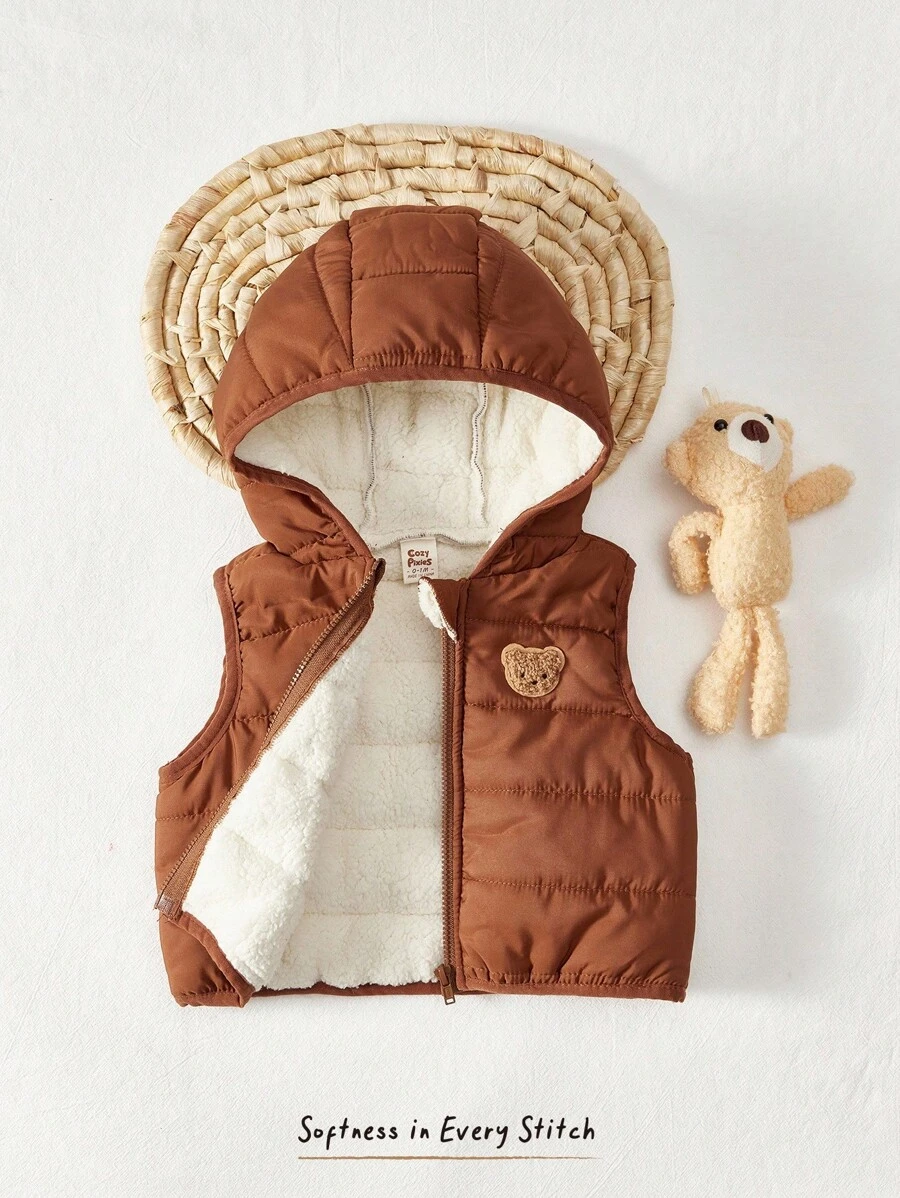 Cozy Pixies Newborn Baby Boy Cartoon Bear Print Hooded Sleeveless Fleece Cardigan,In Fall/Winter - Apricot - View 1