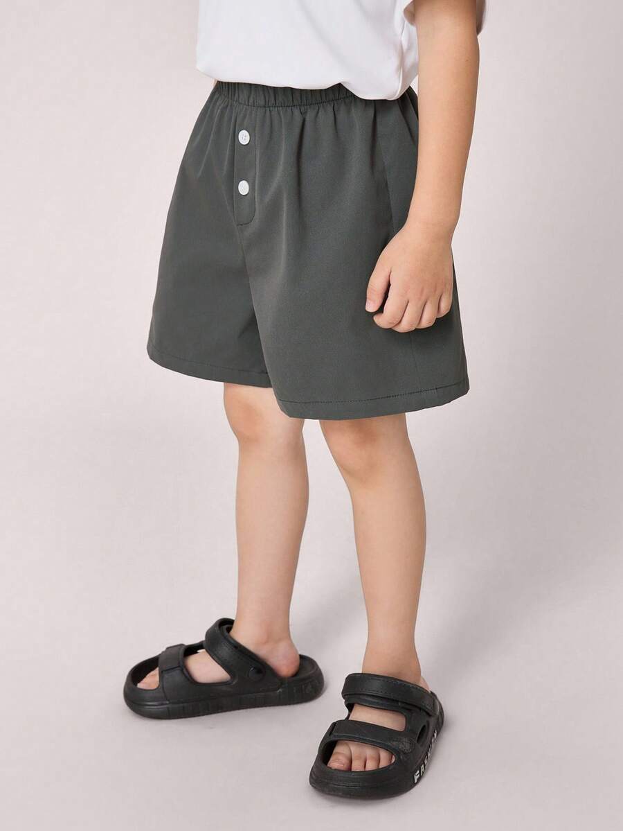 Kids/Young Boys' Casual Versatile Comfortable Decorative Button Loose Knit Shorts, Suitable For Commuting, School, Daily Casual, Vacation, Sports, Spring/Summer - Grey - View 1