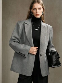 SHEIN LUNE 女士V领宽肩宽腰大衣，日常通勤长袖大衣，秋季商务休闲办公穿着 - 灰色 - 查看 2