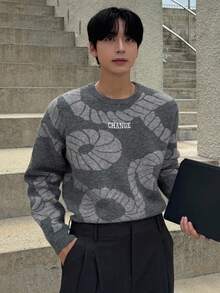 DAZY Herren Pullover mit abstraktem geometrischem Muster, Jacquard-Stickerei und Buchstaben, Streetstyle, Herbst - Verschiedenfarbig - Übersicht 1