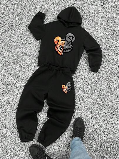 SHEIN Bolty 2pcs Set Loose Fit Cartoon Bear Print Hooded Sweatshirt & Casual Bottoms For Tween Boys, Summer