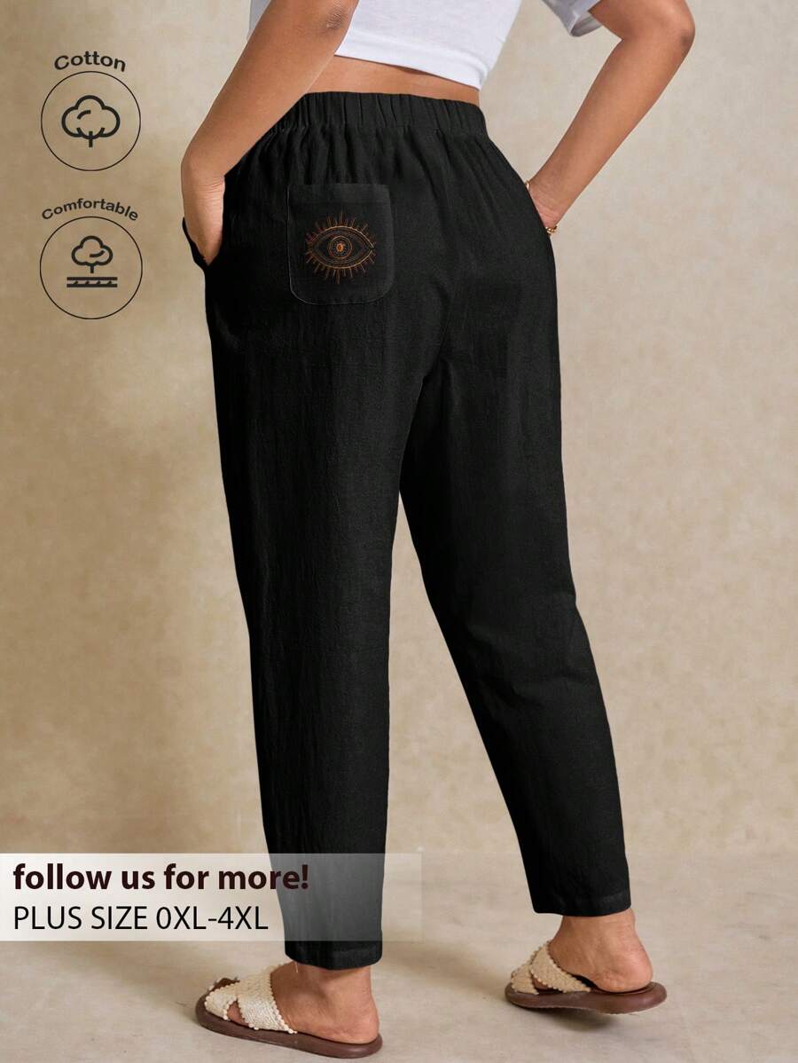 Elaquor 大码纯色时尚裤子，适合夏季 - 黑色 - 查看 1