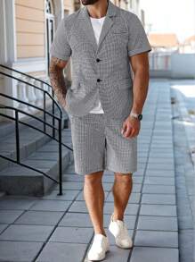 Manfinity Homme Bộ vest nam tay ngắn kẻ caro và quần short cỡ lớn - Đen và trắng - Xem 3