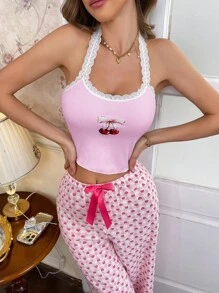Top de pyjama pour femme avec motif cerise doux et empiècement en dentelle