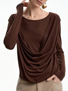 Aalyst Women's Elegant Fashion Commuter Casual Comfortable Charming Retro Long Sleeve Round Neck 2 In 1 Loose Collar Solid Color T-Shirt Fall Cloth For Women - Mocha Brown - View 3