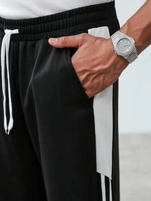 Claim Dot Men's Casual Versatile Contrast Striped Sweatpants - Black - View 3