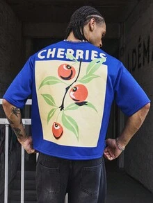 PAVTROS Manfinity Streetrush Herren Vintage Kirschprint T-Shirt, Strick Rundhals Tee, locker geschnittener Crop Fit, lustiges Kirsch Grafik Design, geeignet für Lässig, Streetwear, Training, Schulanfang, Mode, Geschenk, Freund Geschenk, Unisex