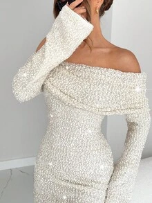 Siren Gaze Sexy Off Shoulder Flare Sleeve Bodycon Mini Dress Winter Luxury Chic Sequin Glitter Party Spring Shiny - Apricot - View 4
