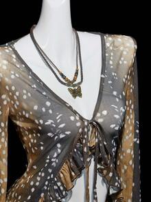 SHEIN ICON 2件套女式鹿印花开衫上衣和分层蛋糕短裤套装 - 棕色 - 查看 5