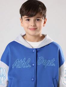SUMWON Varsity Athletic Limited Edition Tween Boys Jacket Blue Grey Contrast Sleeves Autumn Winter Letter Print College Style Casual Everyday Outerwear With Hood - Blue - View 3