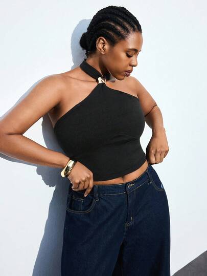 Maija 大码黑色针织挂脖背心毛衣背心金属时尚配饰黑色上衣黑色背心秋冬装女式社交衬衫别致上衣圣诞节万圣节墨西哥非洲