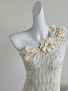 SHEIN Unity Y2K Hand Crochet Floral Textured Asymmetric Shoulder Knitted Top - Beige - View 5