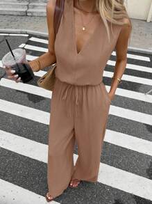 Serisse Bộ đồ liền thân ống rộng cổ chữ V buộc eo màu trơn không tay cho nữ - Màu Khaki - Xem 3